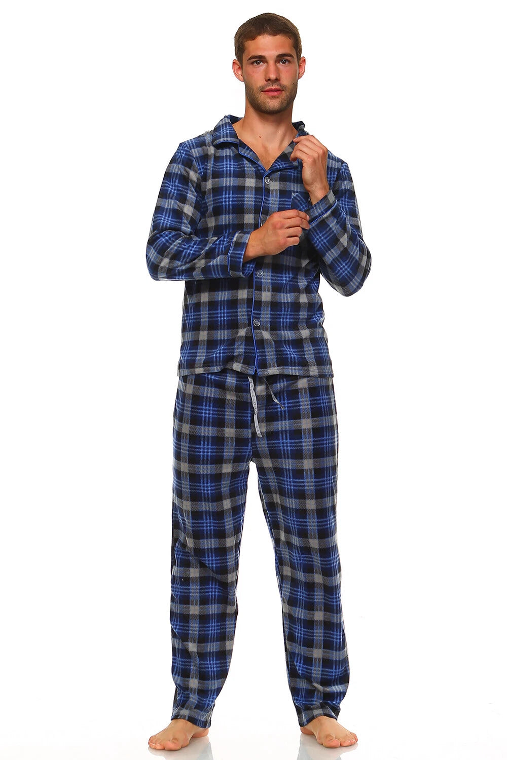 Men's Long Sleeve Pajama Lounge Set Comfortable PJ's Soft Fleece Plaid Sleepwear