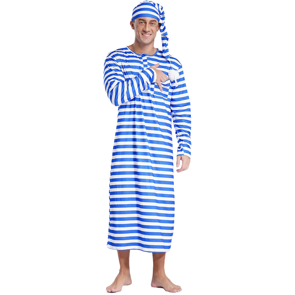 Men's Nightshirt Striped Loose Sleepwear Night Pajama Set Robe with Sleeping Cap