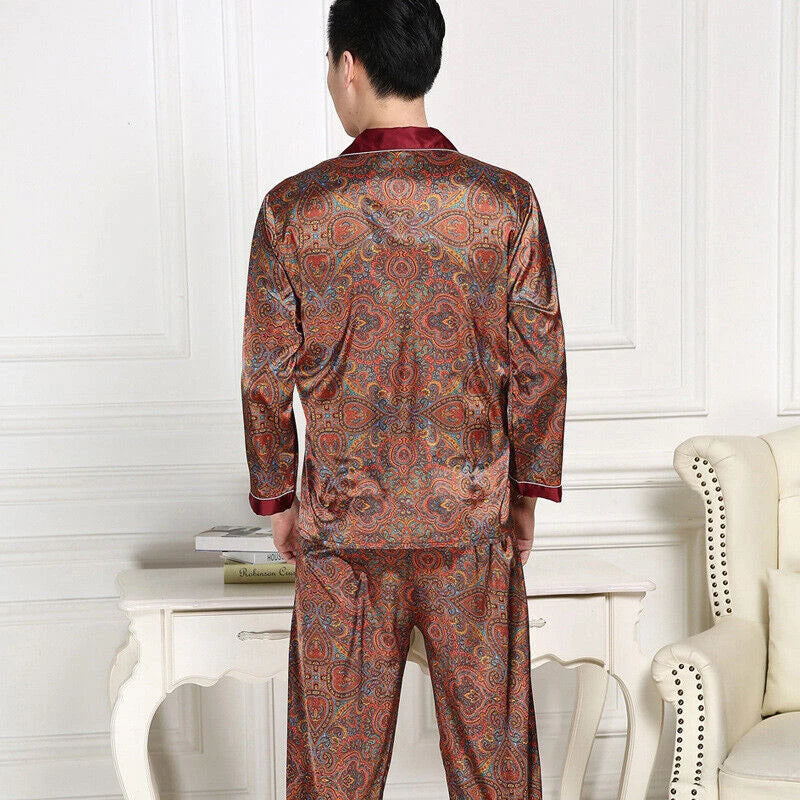 Men Silk Satin Pajamas Set Pyjamas Luxury Set Long Sleeve Sleepwear Loungewear*n
