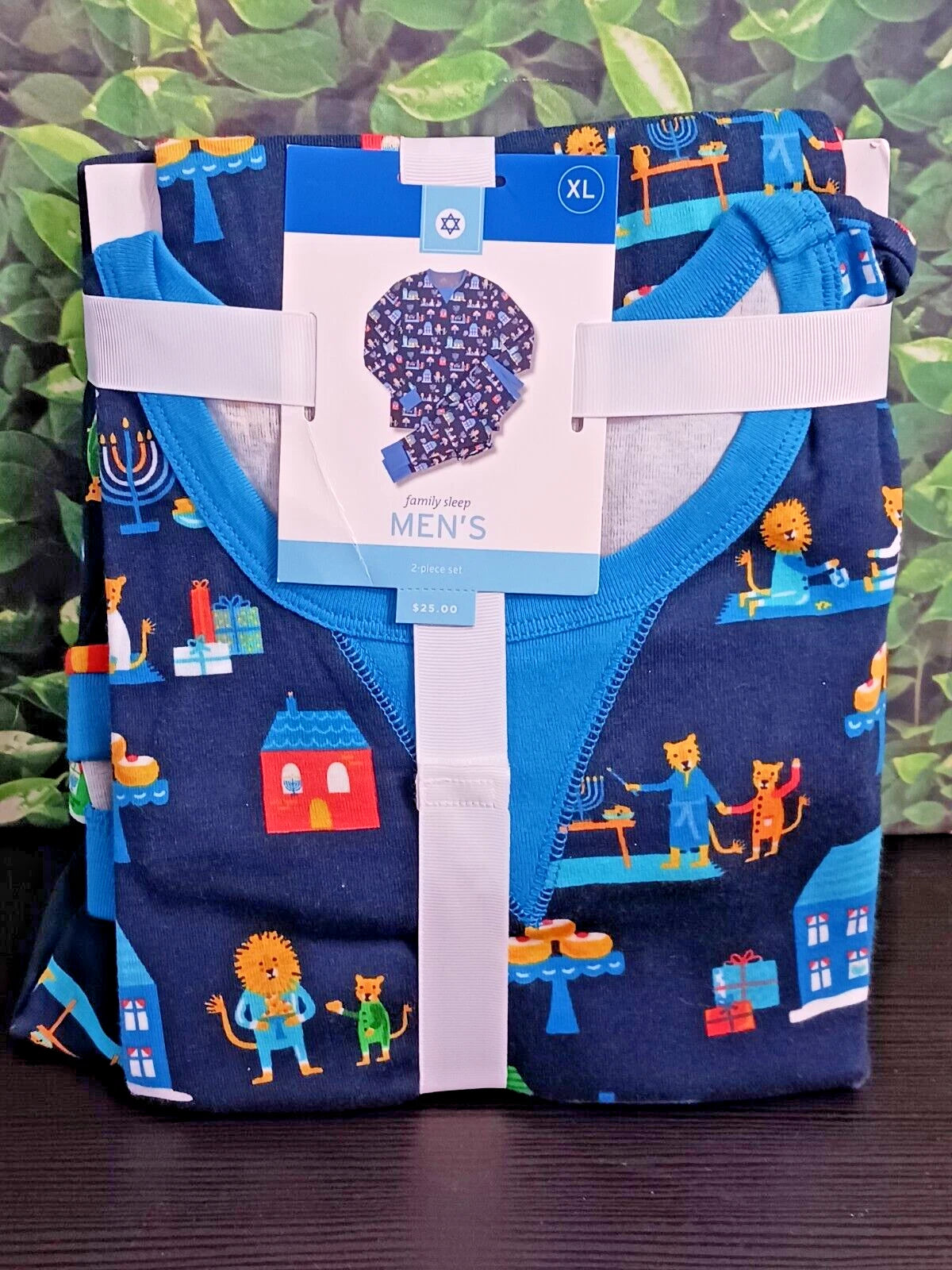Hanukkah Menorah Men’s XL Blue  Pajama Set Dreidel Lion Jewish 100% Cotton NWT