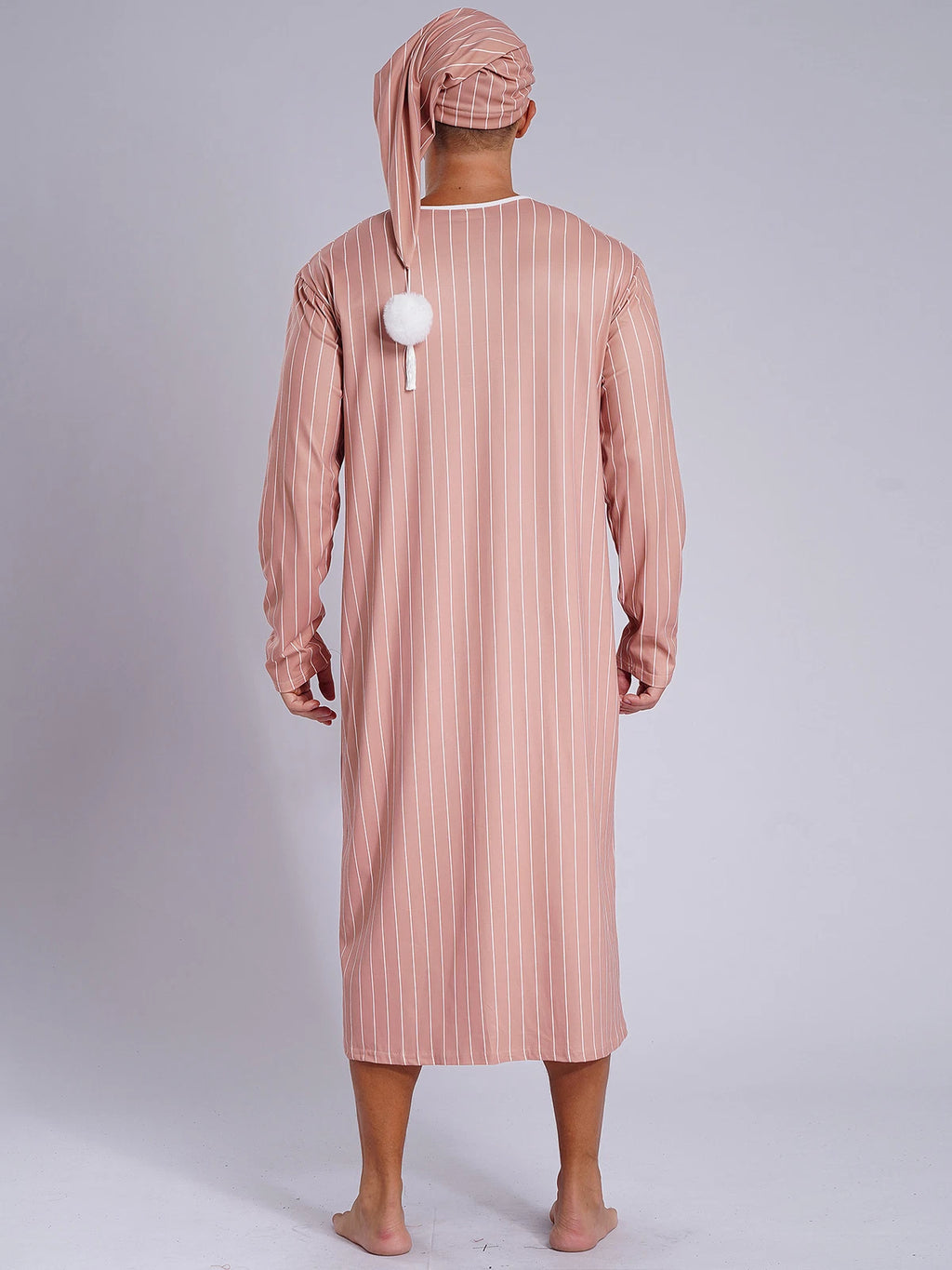Men's Sissy Nightwear Loose Striped Robe Long Sleeve Nightshirt Cap Pajama Sets