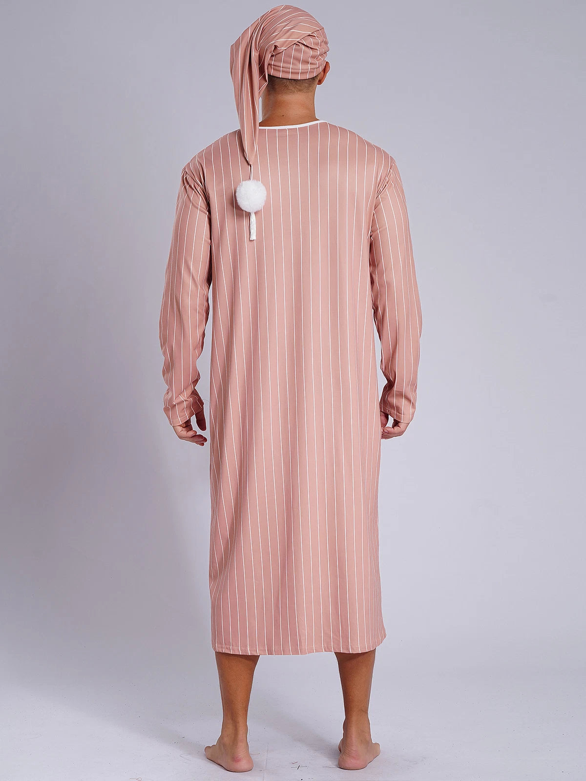 Men's Sissy Nightwear Loose Striped Robe Long Sleeve Nightshirt Cap Pajama Sets