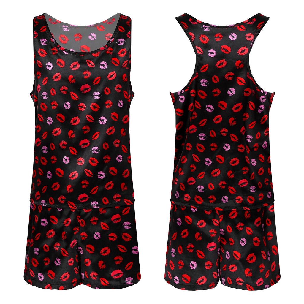 Mens Satin Pajamas Set Lounge Shorts Tank Top Silk Shirt Sleepwear Nightwear