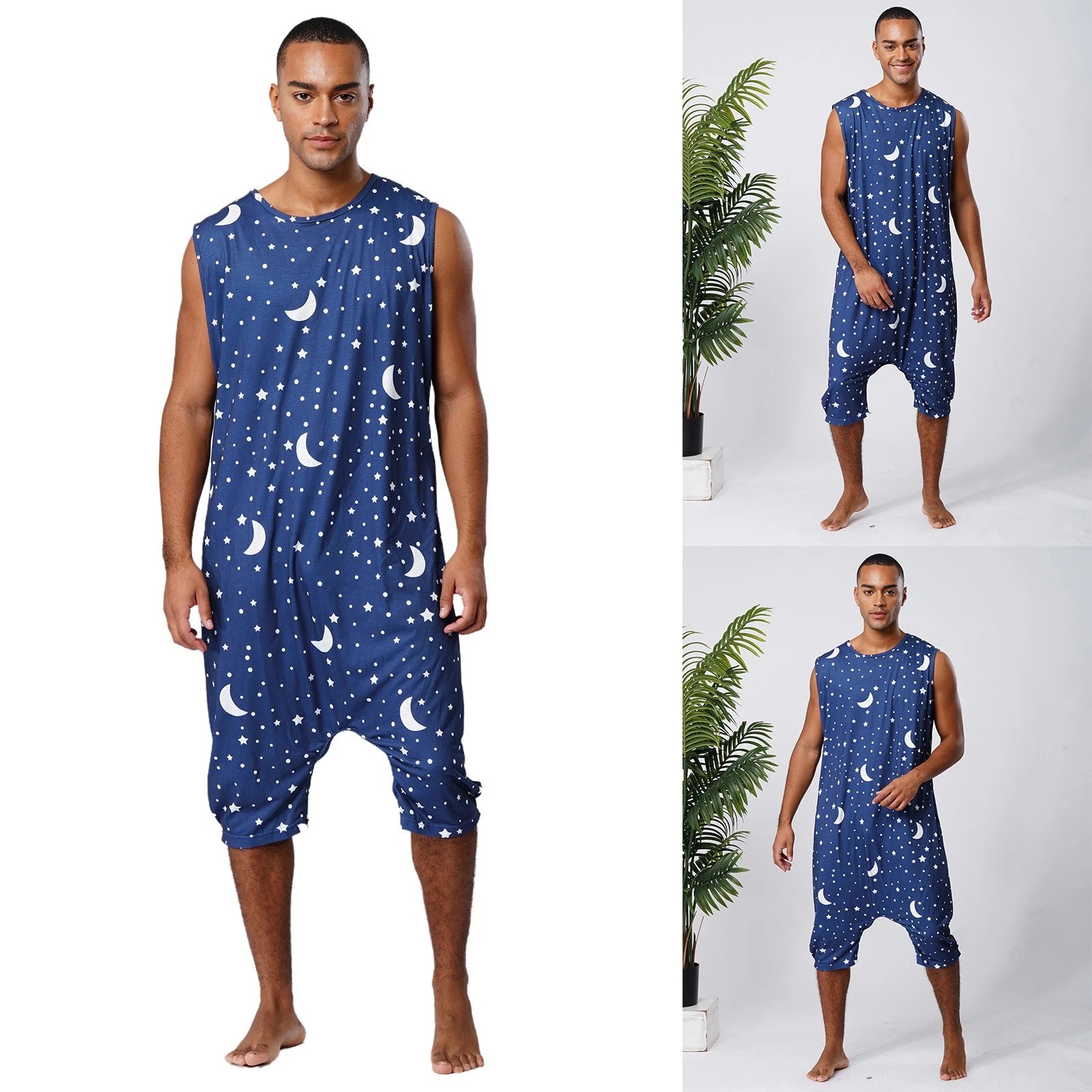 Men's Loose Romper Pajamas Jumpsuit Sleepwear Zipper Crotch One Piece Bodysuit