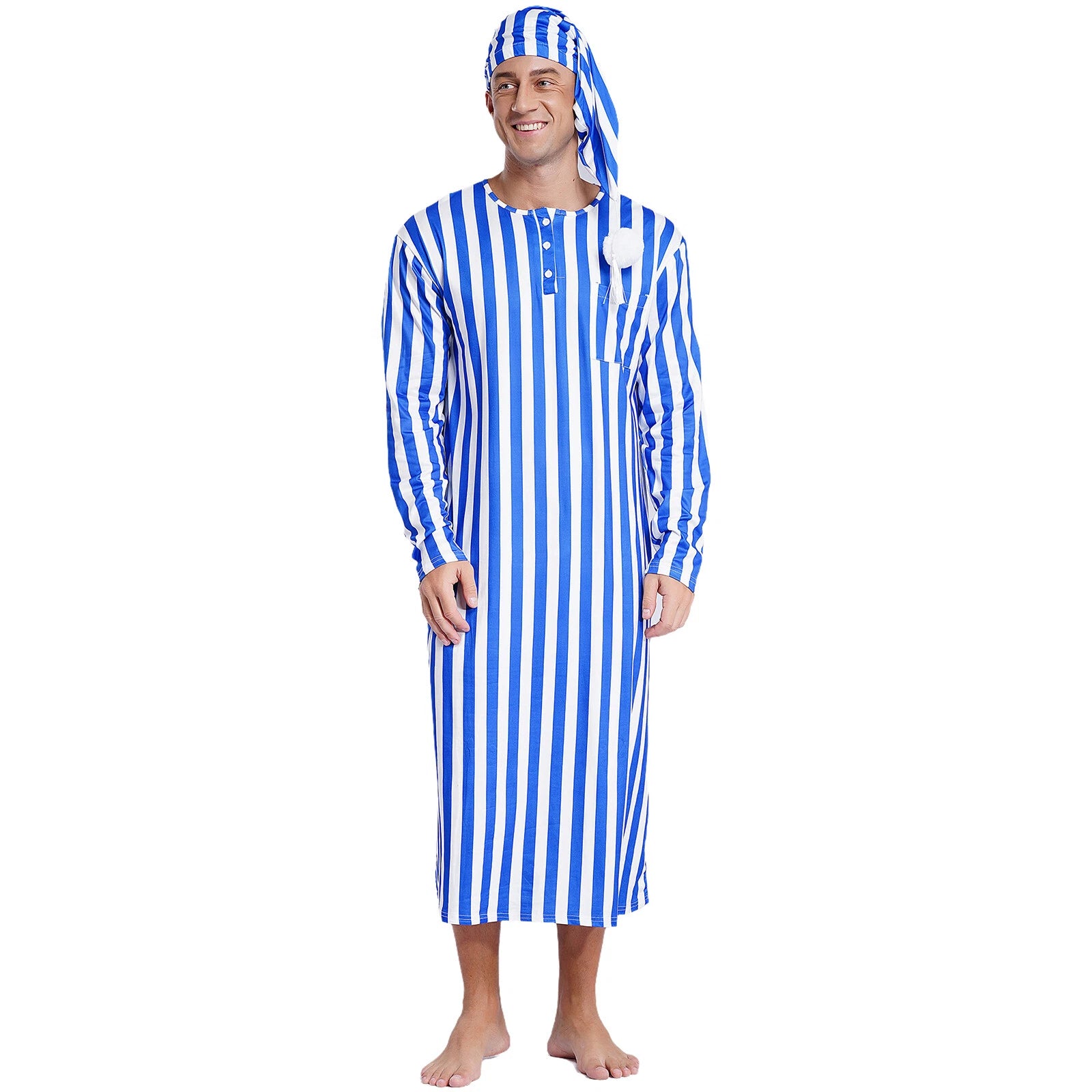 Men's Sissy Nightwear Loose Striped Robe Long Sleeve Nightshirt Cap Pajama Sets