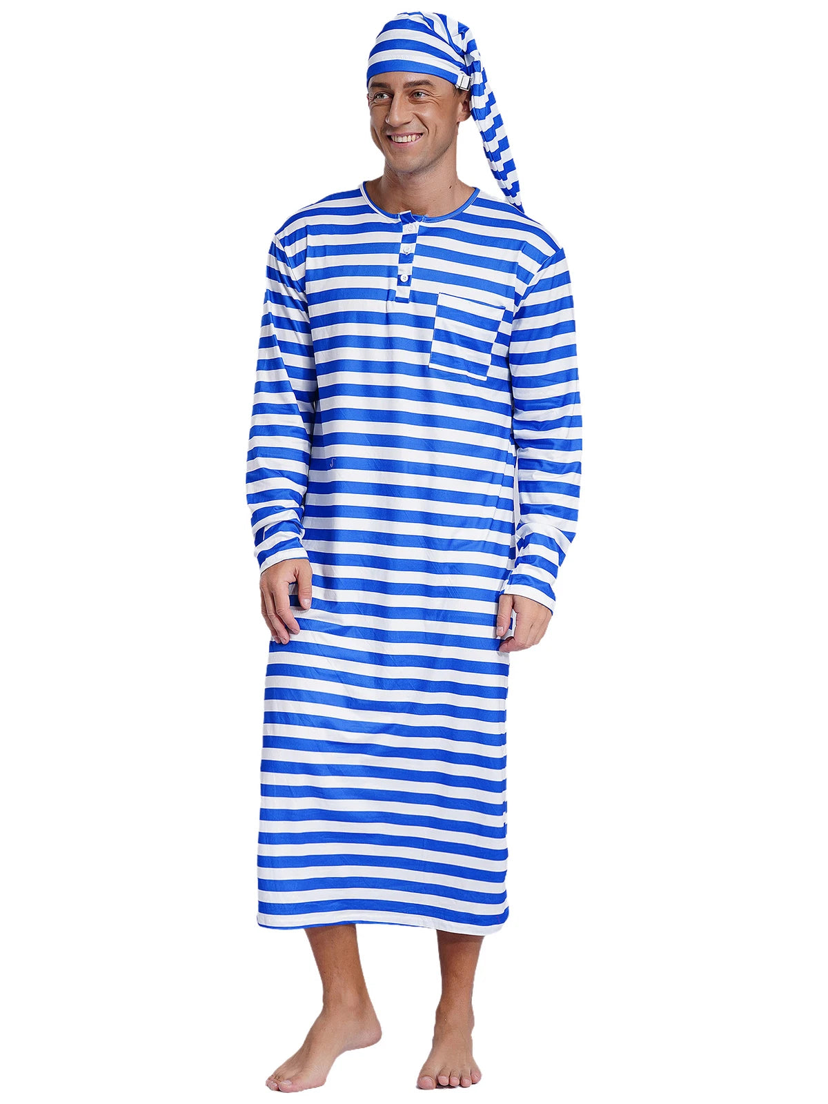 Men's Nightshirt Striped Loose Sleepwear Night Pajama Set Robe with Sleeping Cap