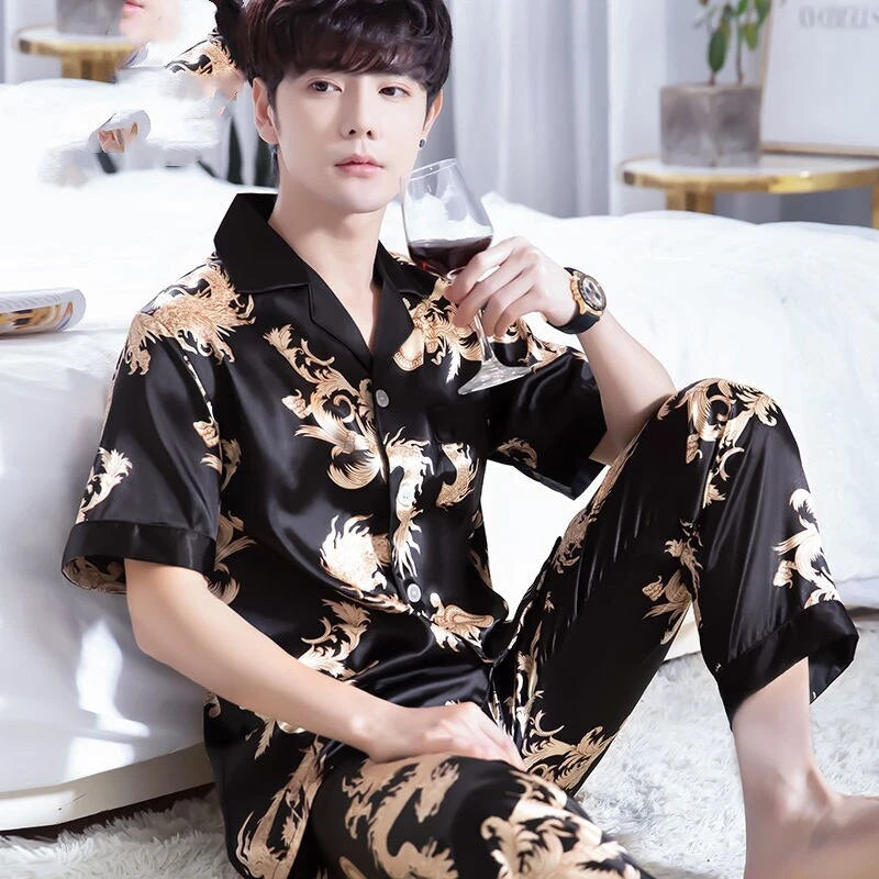 Bathrobe Men Satin Silk Robe Embroidery Dragon Kimono Sleepwear Fashion Style