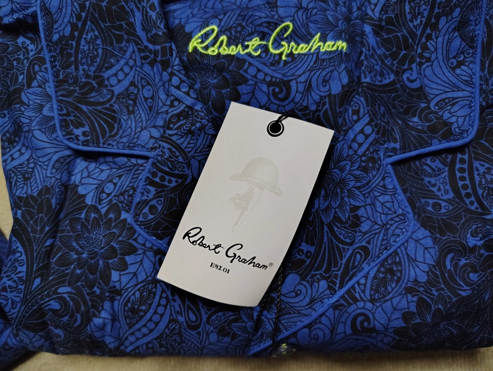 Robert Graham Men's Pajama 2-Piece Set Blue Black Floral Paisley Size Large NWT