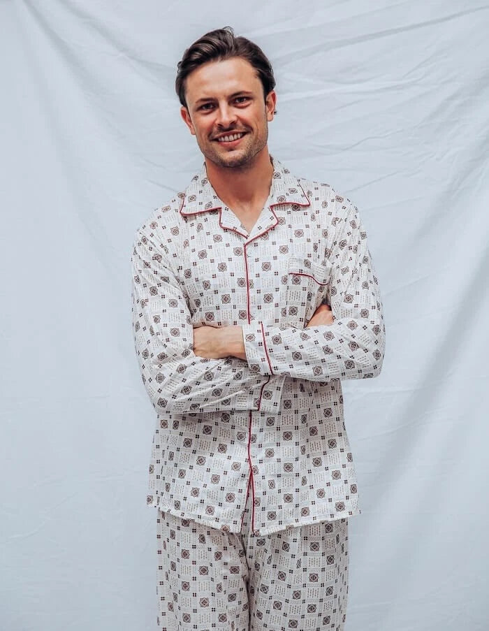 Mens Brown Checks Long Sleeve Lightweight Cotton Long Pjs Pyjama Set