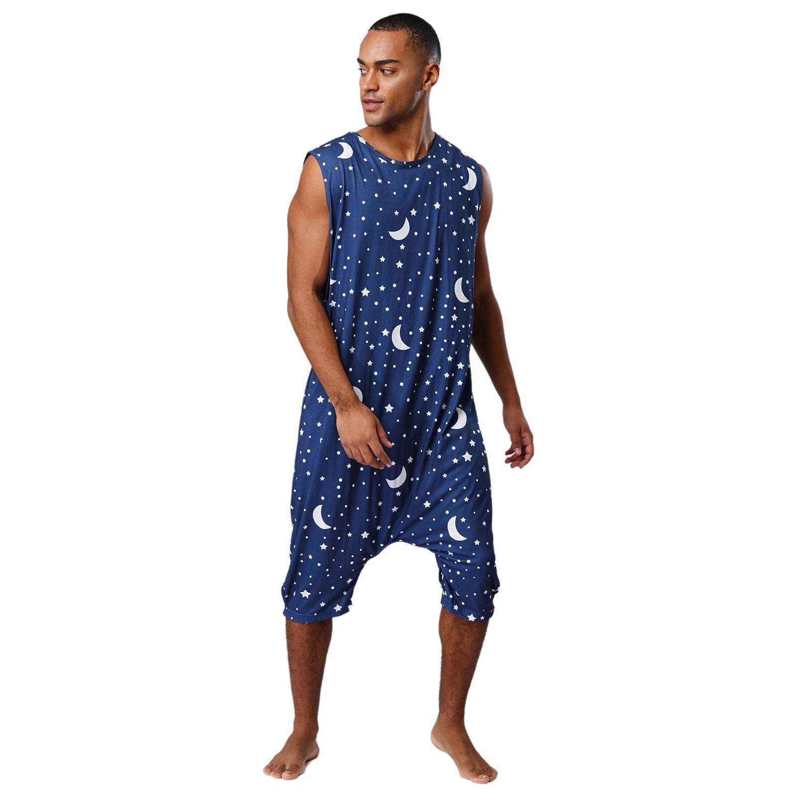 Men's Loose Romper Pajamas Jumpsuit Sleepwear Zipper Crotch One Piece Bodysuit