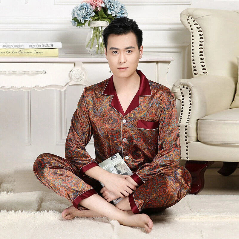 Men Silk Satin Pajamas Set Pyjamas Luxury Set Long Sleeve Sleepwear Loungewear*n