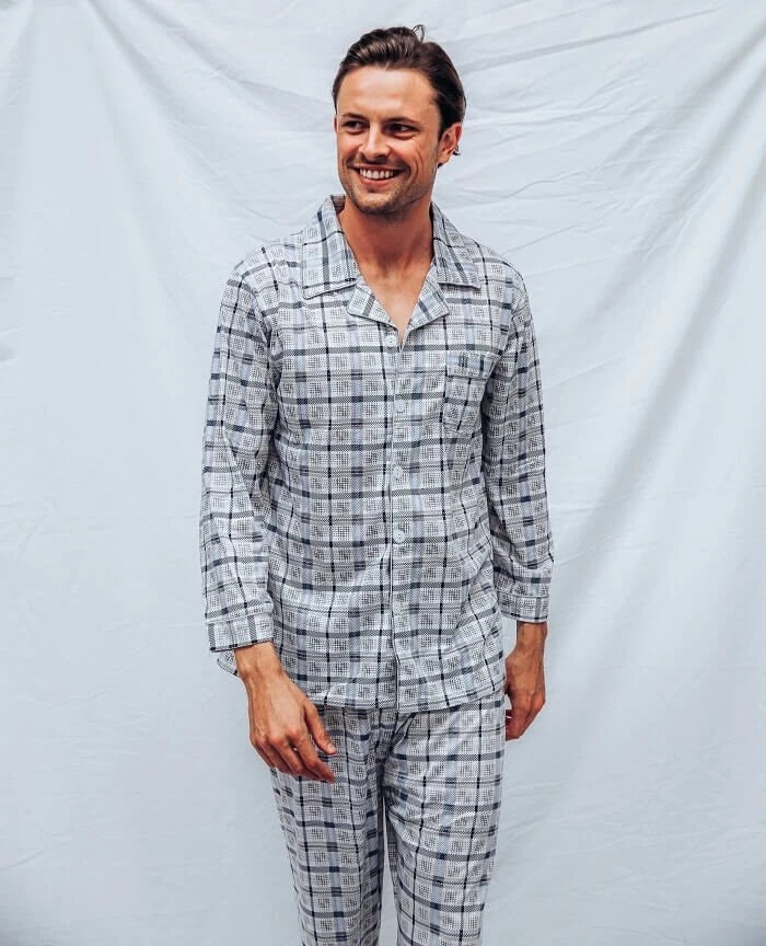 Mens Blue Grey Checks Long Sleeve Lightweight Cotton Long Pjs Pyjama Set