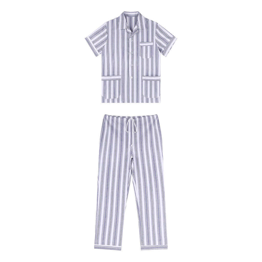 Mens Pajama Set Button Down Sleepwear Shirt Homewear Striped Nightgown Pockets