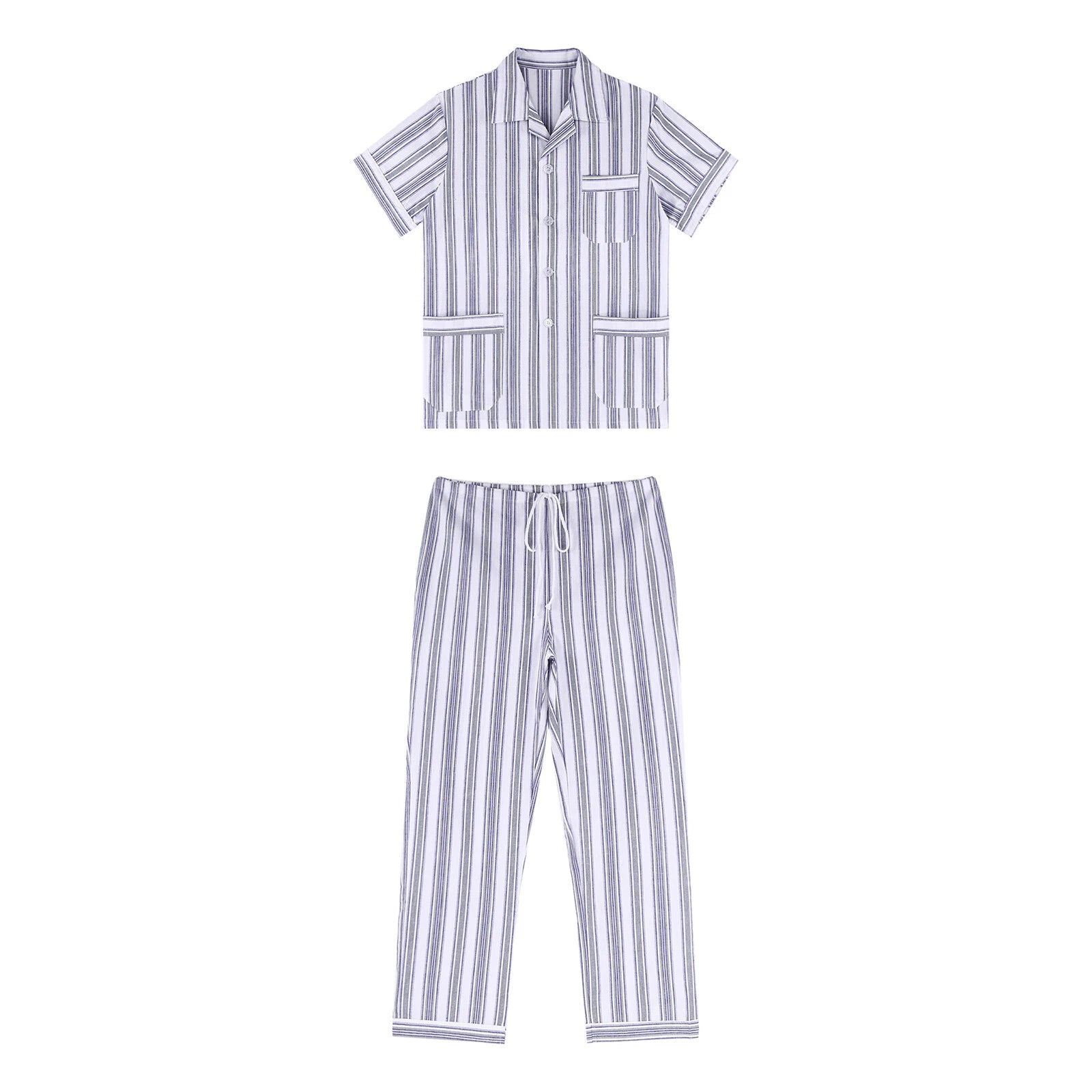 Mens Pajama Set Button Down Sleepwear Shirt Homewear Striped Nightgown Pockets