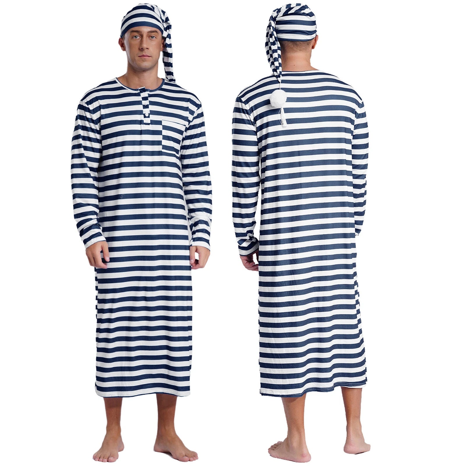 Men's Nightshirt Striped Loose Sleepwear Night Pajama Set Robe with Sleeping Cap