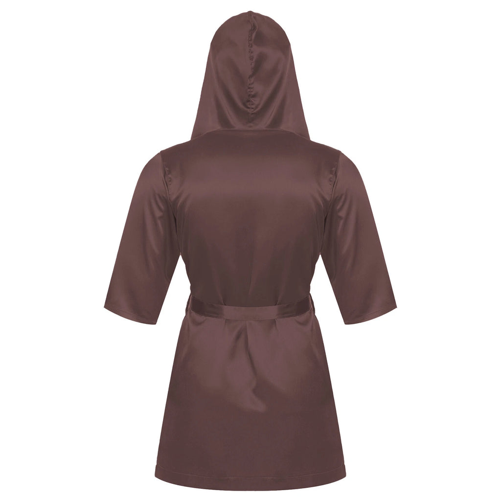 Men's Silk Satin Pajamas Hooded Bathrobe with Belted Set Bath Robe Sleepwear