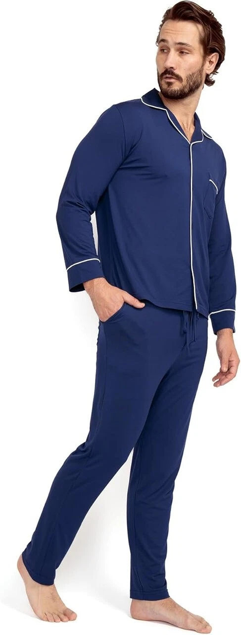 Ejis Men's Opulent Long Sleeve Micro Modal Navy Pajama Set