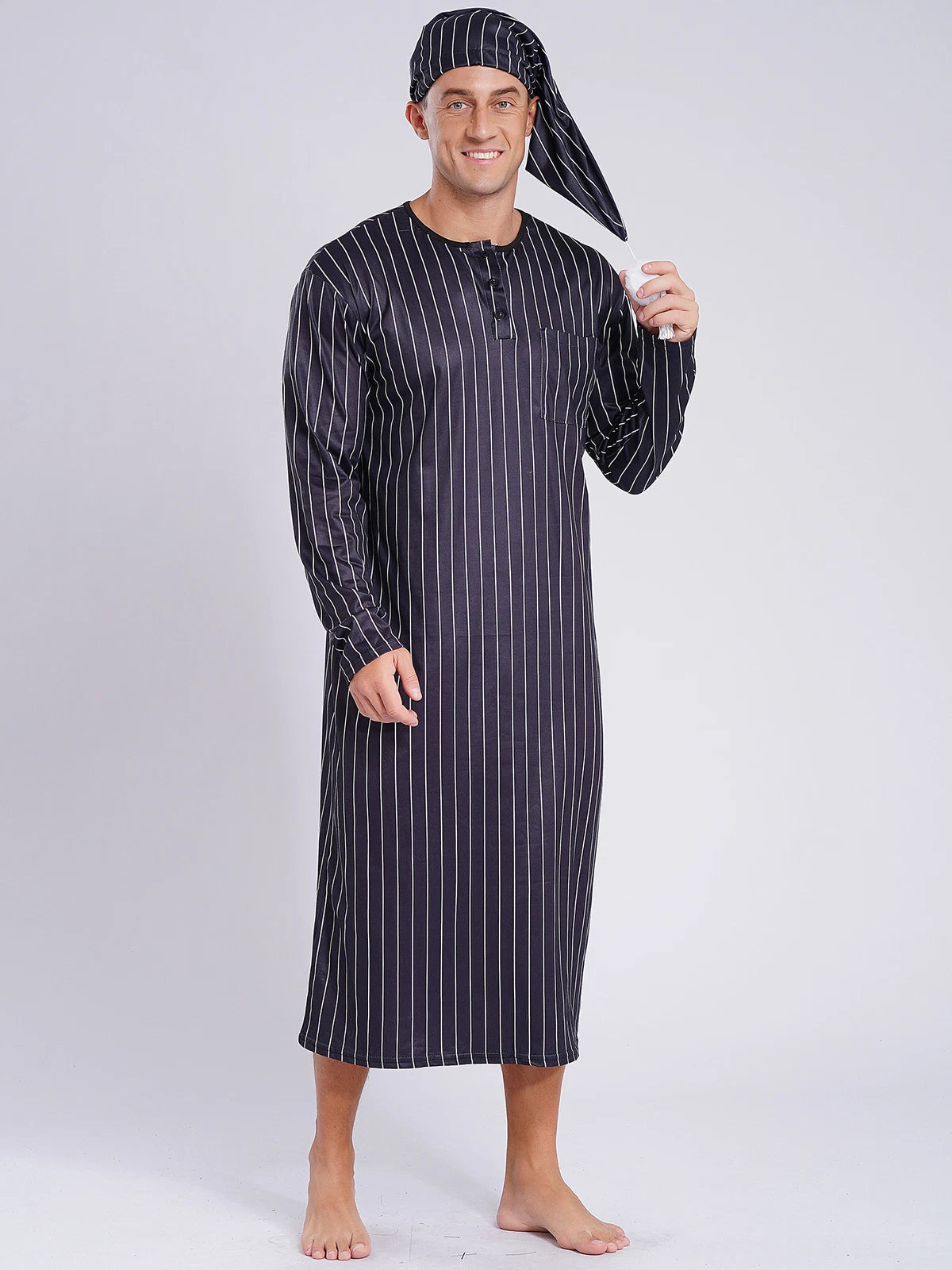 Men's Sissy Nightwear Loose Striped Robe Long Sleeve Nightshirt Cap Pajama Sets