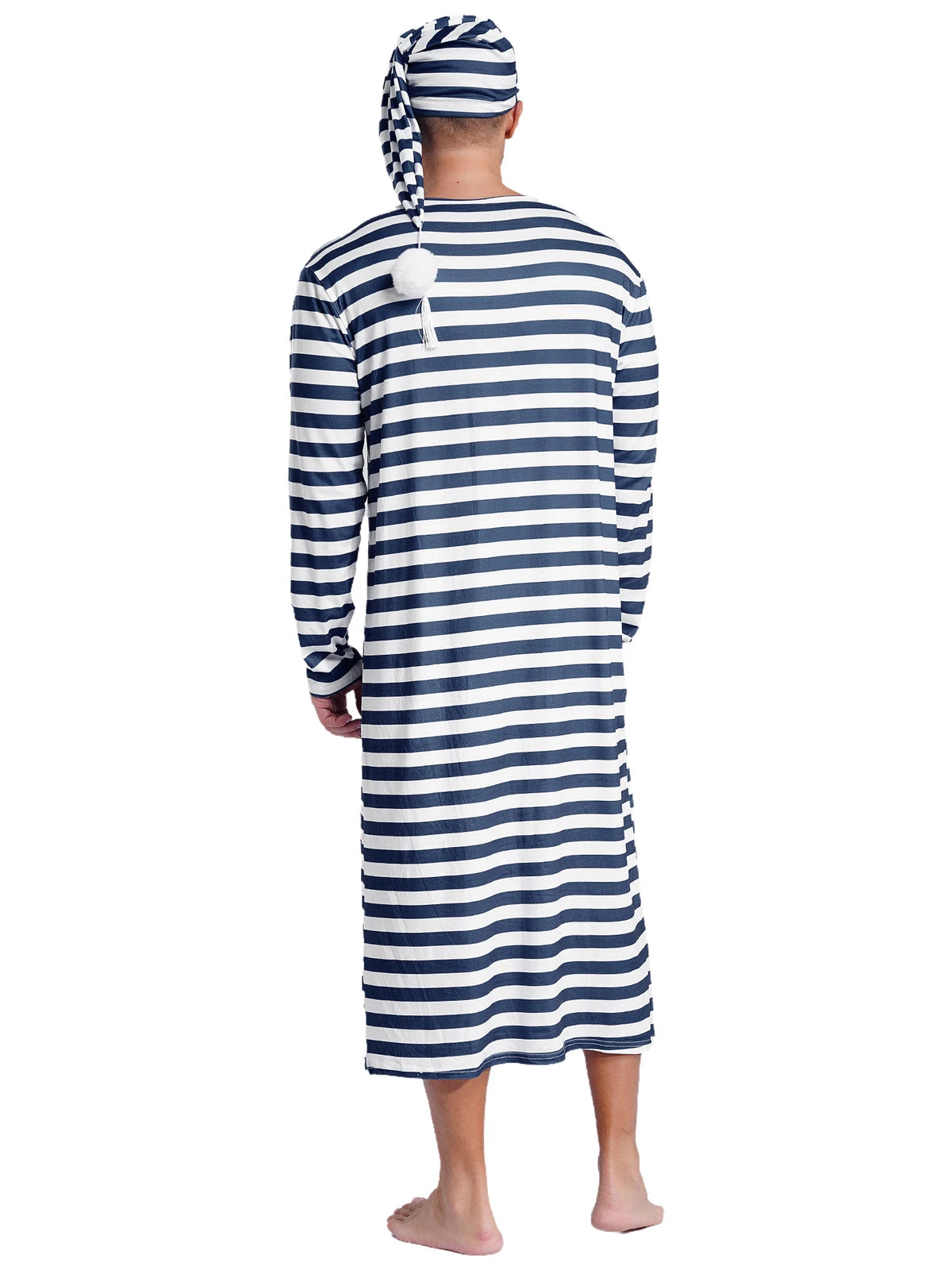 Men's Nightshirt Striped Loose Sleepwear Night Pajama Set Robe with Sleeping Cap