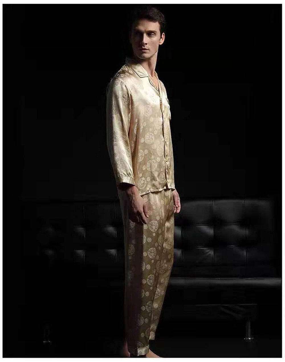 Men's 100% Mulberry Silk Pajamas Set Long Sleeves Silk Sleepwear S M L
