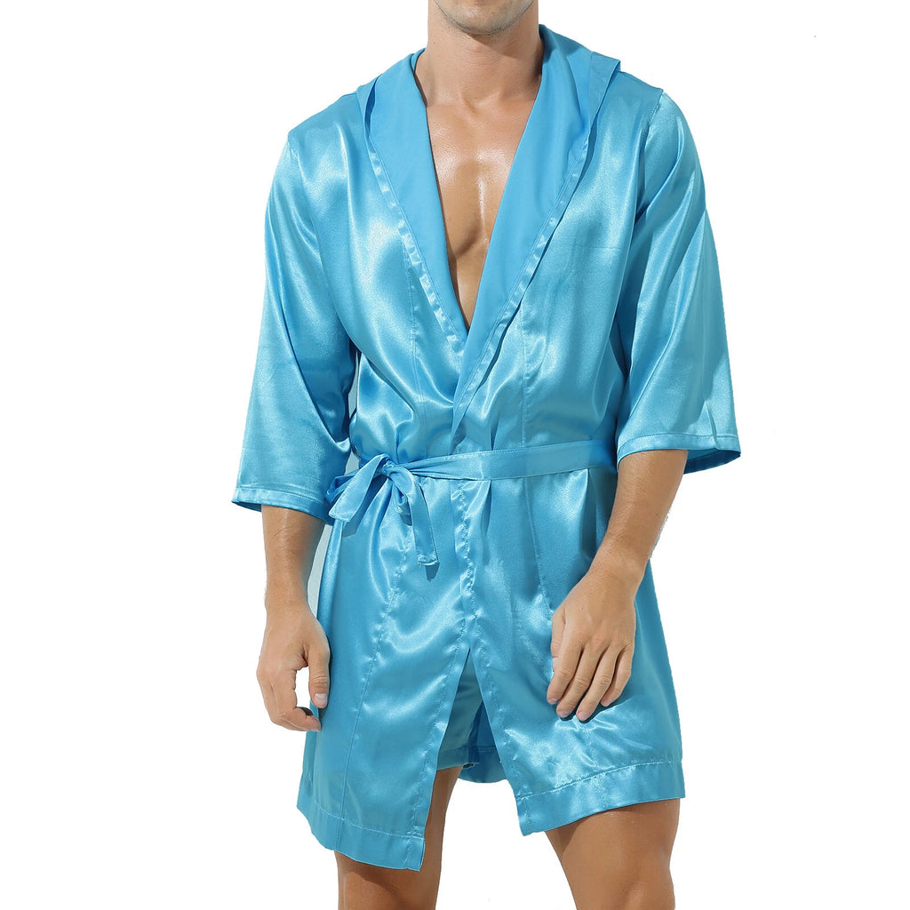 Mens Robes Silky Satin Hooded Bathrobe Luxurious Pyjama Set Nightgowns Sleepwear