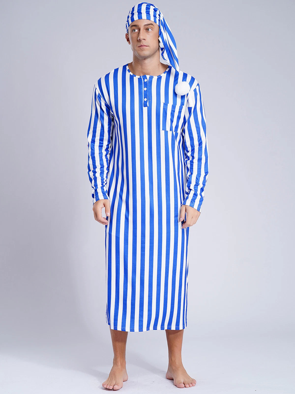 Men's Sissy Nightwear Loose Striped Robe Long Sleeve Nightshirt Cap Pajama Sets