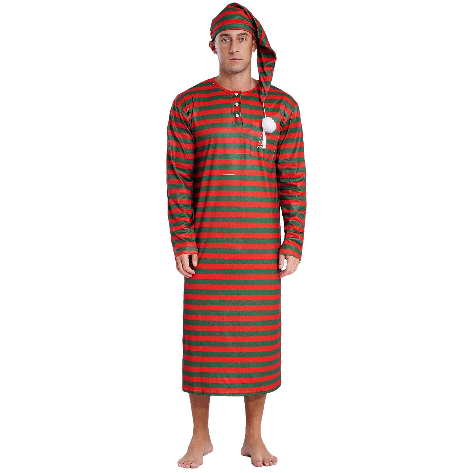 Men's Nightshirt Striped Loose Sleepwear Night Pajama Set Robe with Sleeping Cap