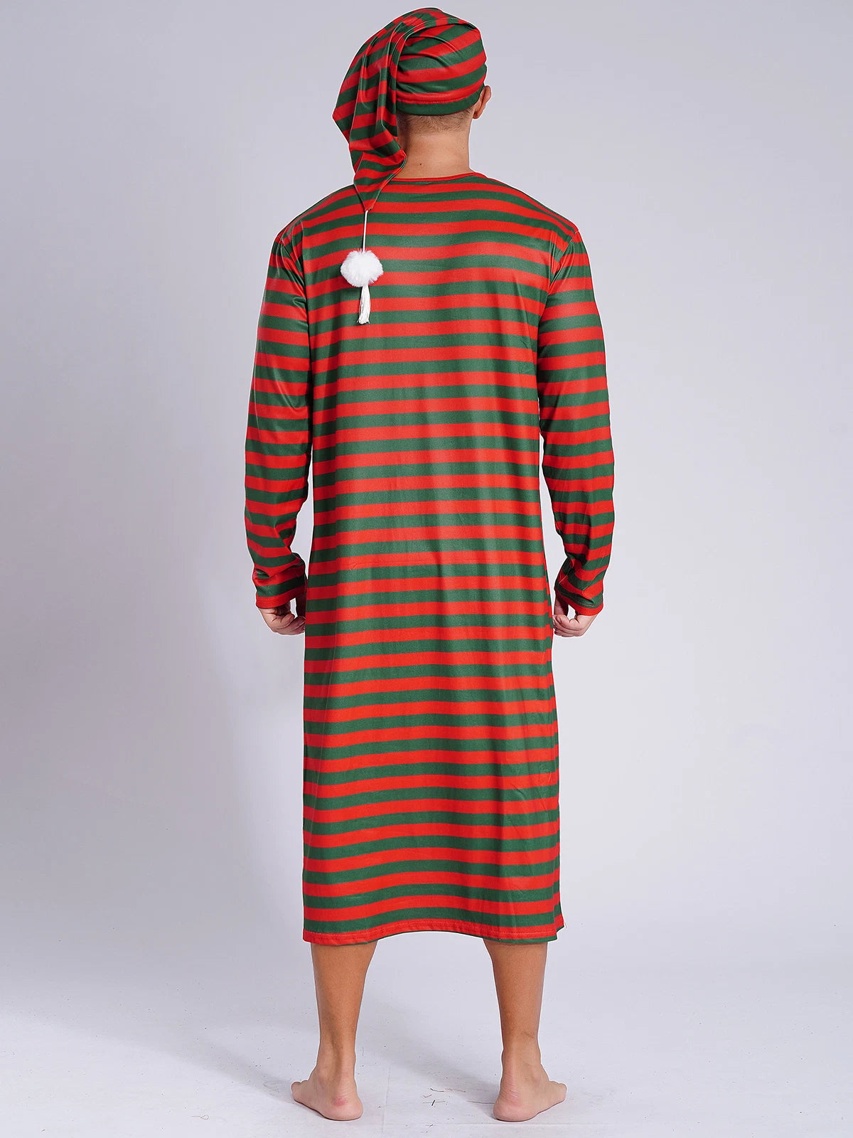 Men's Nightshirt Striped Loose Sleepwear Night Pajama Set Robe with Sleeping Cap