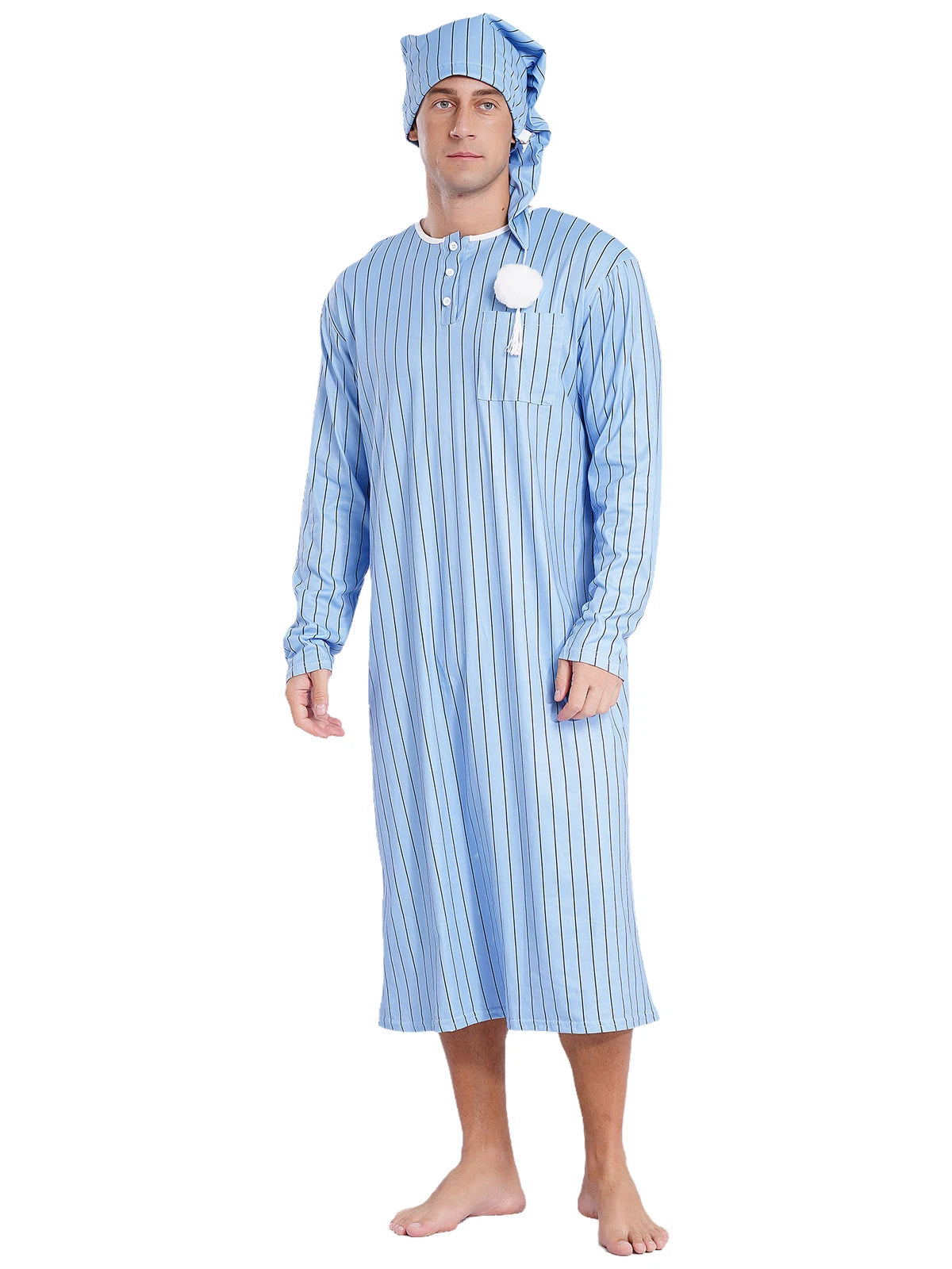 Men's Sissy Nightwear Loose Striped Robe Long Sleeve Nightshirt Cap Pajama Sets