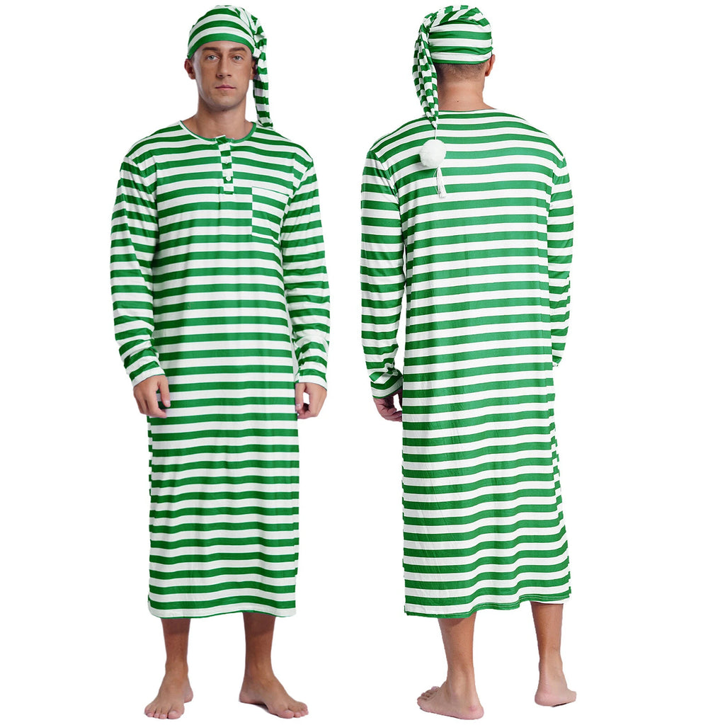 Men's Nightshirt Striped Loose Sleepwear Night Pajama Set Robe with Sleeping Cap