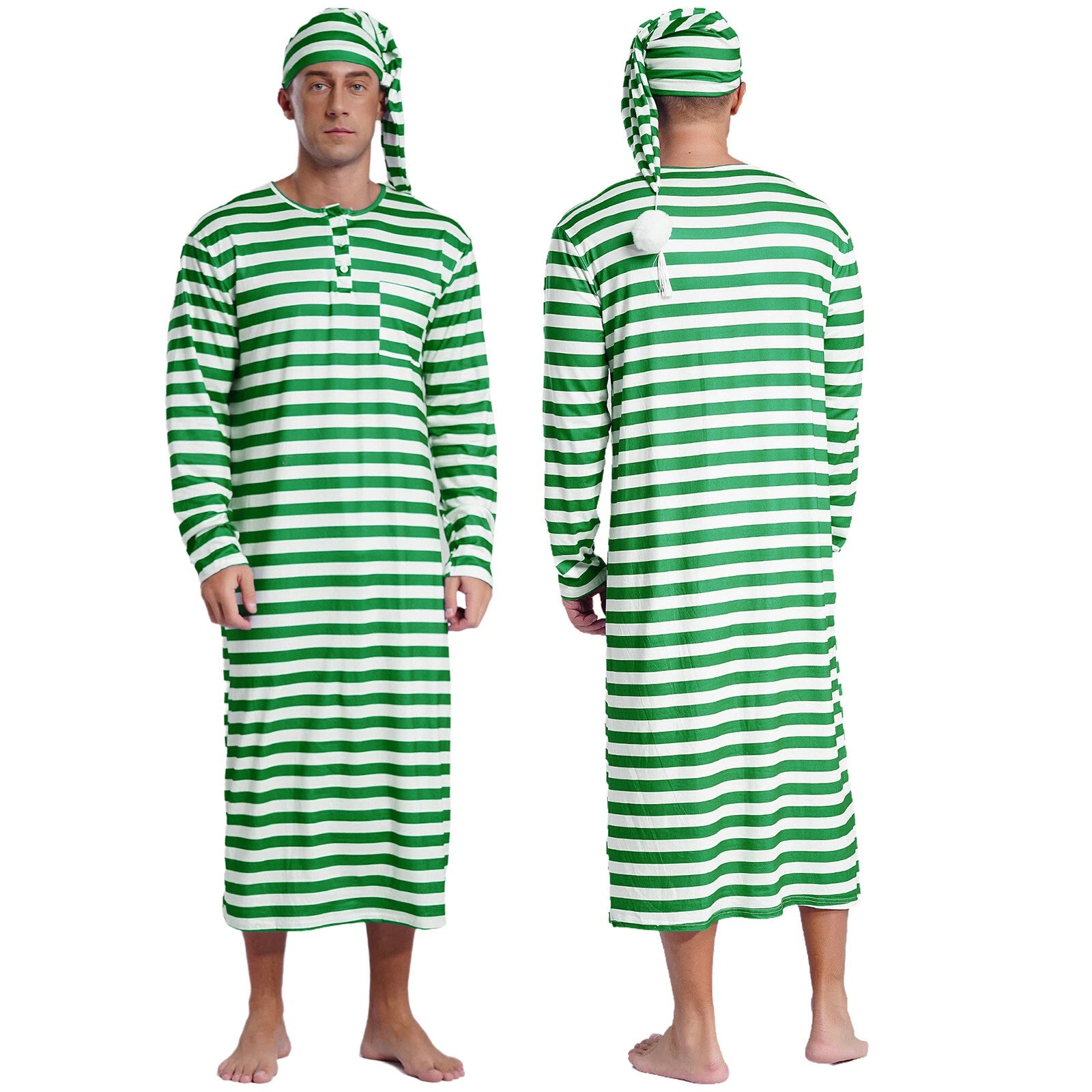 Men's Nightshirt Striped Loose Sleepwear Night Pajama Set Robe with Sleeping Cap