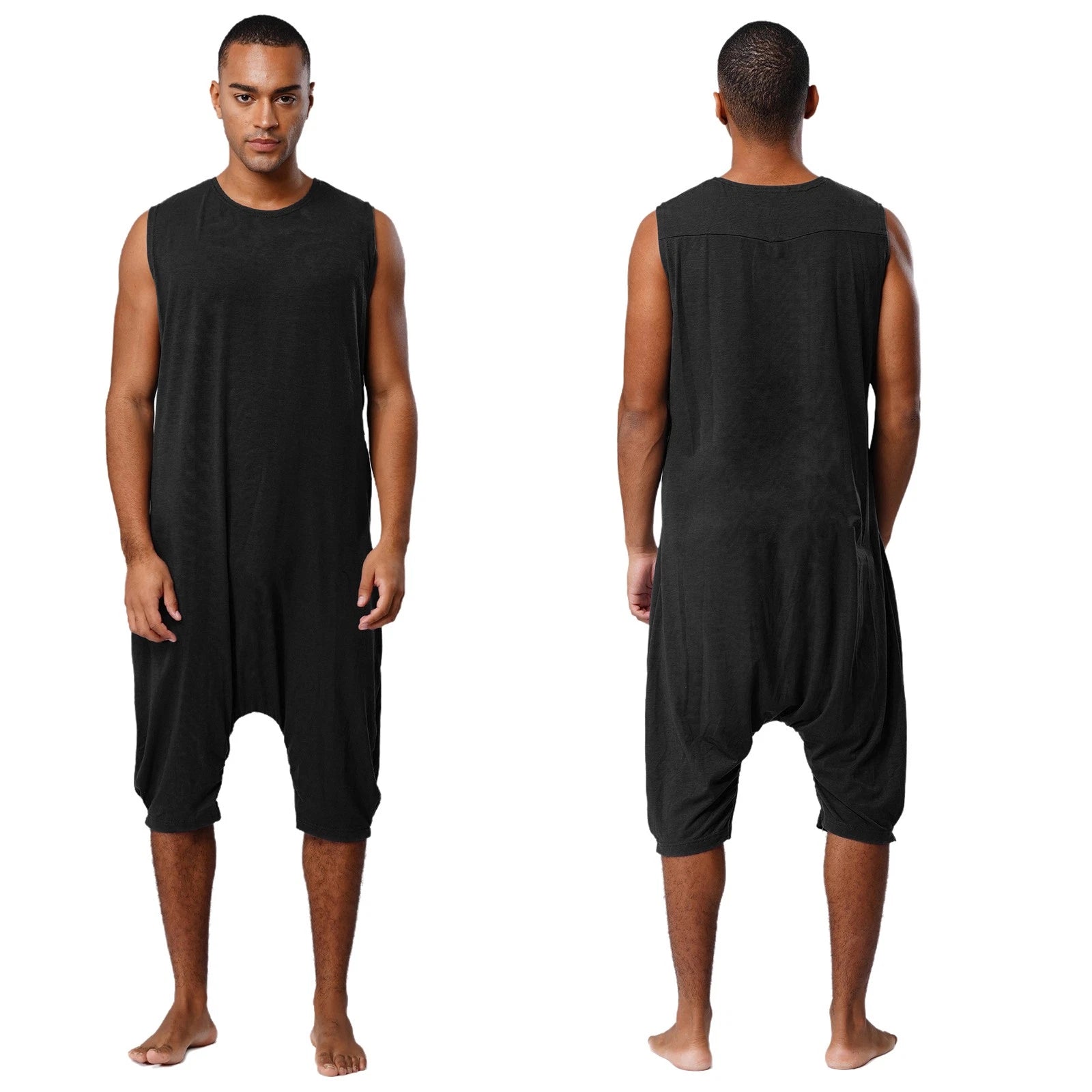 Men's Loose Romper Pajamas Jumpsuit Sleepwear Zipper Crotch One Piece Bodysuit