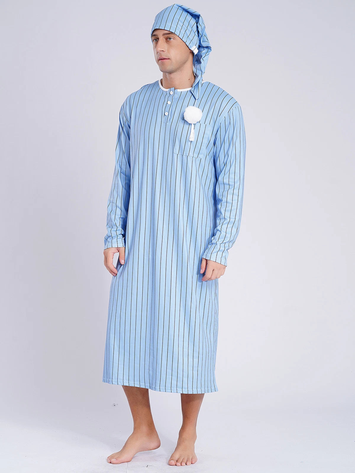 Men's Sissy Nightwear Loose Striped Robe Long Sleeve Nightshirt Cap Pajama Sets