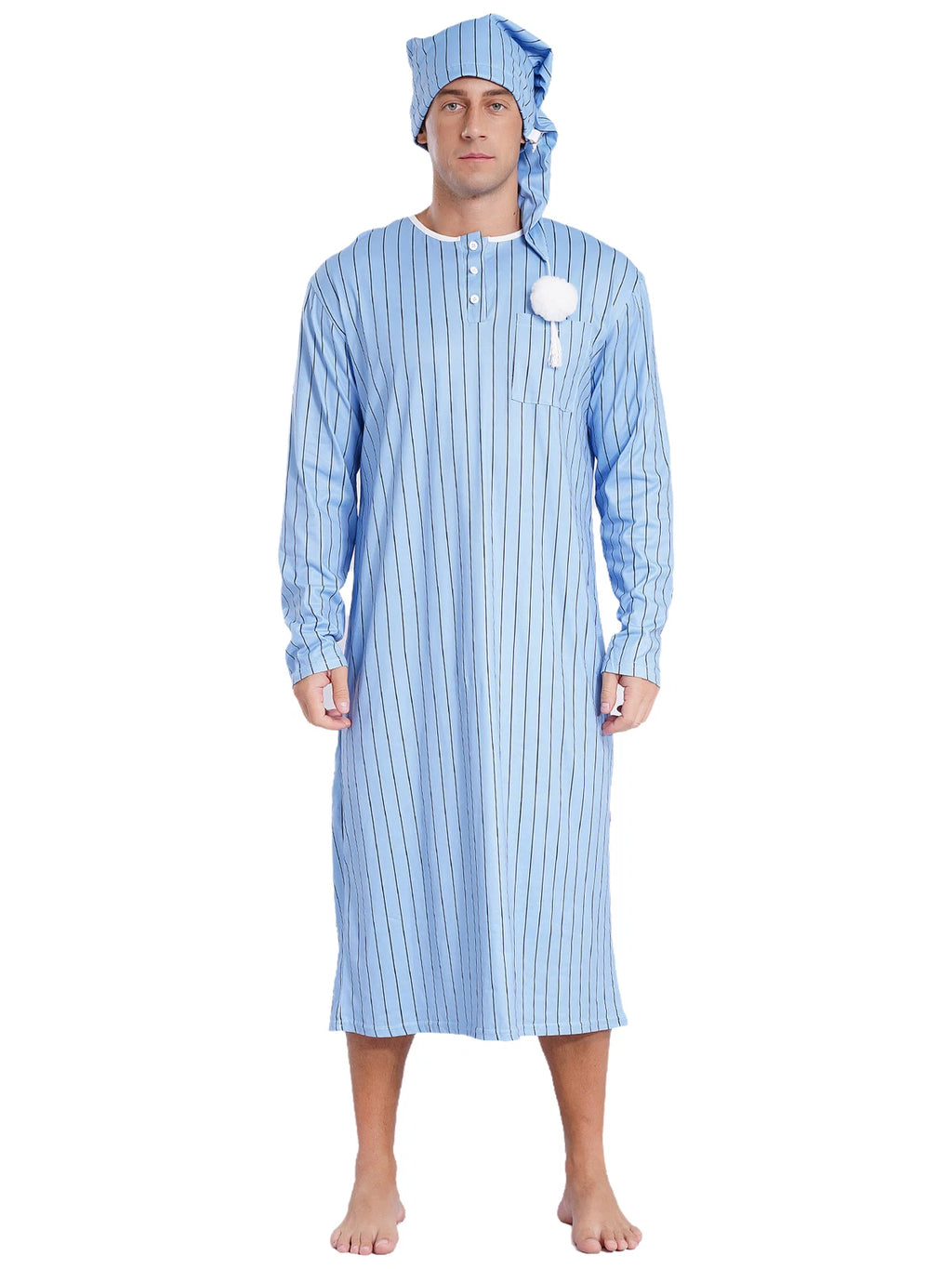 Men's Sissy Nightwear Loose Striped Robe Long Sleeve Nightshirt Cap Pajama Sets