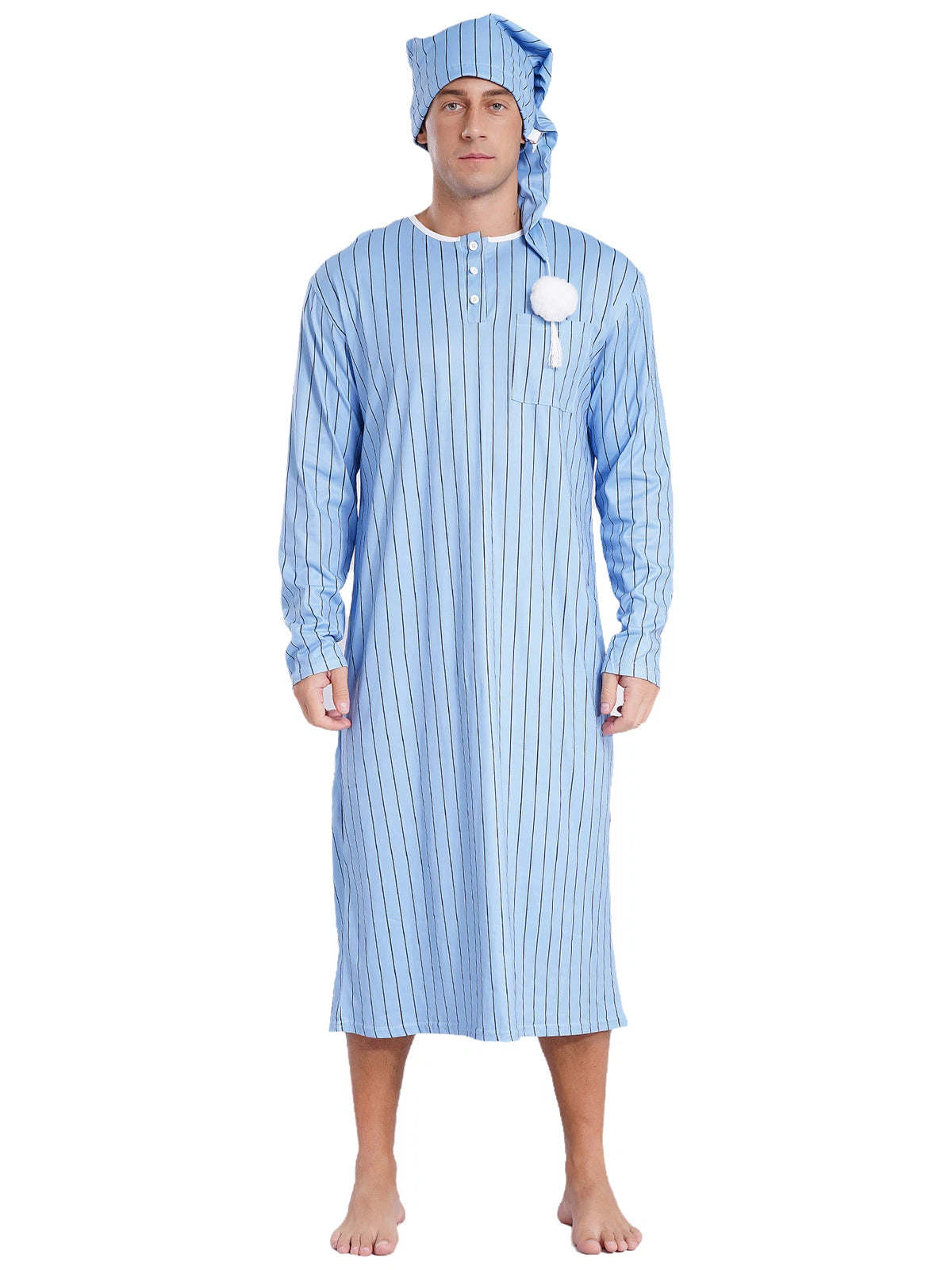 Men's Sissy Nightwear Loose Striped Robe Long Sleeve Nightshirt Cap Pajama Sets