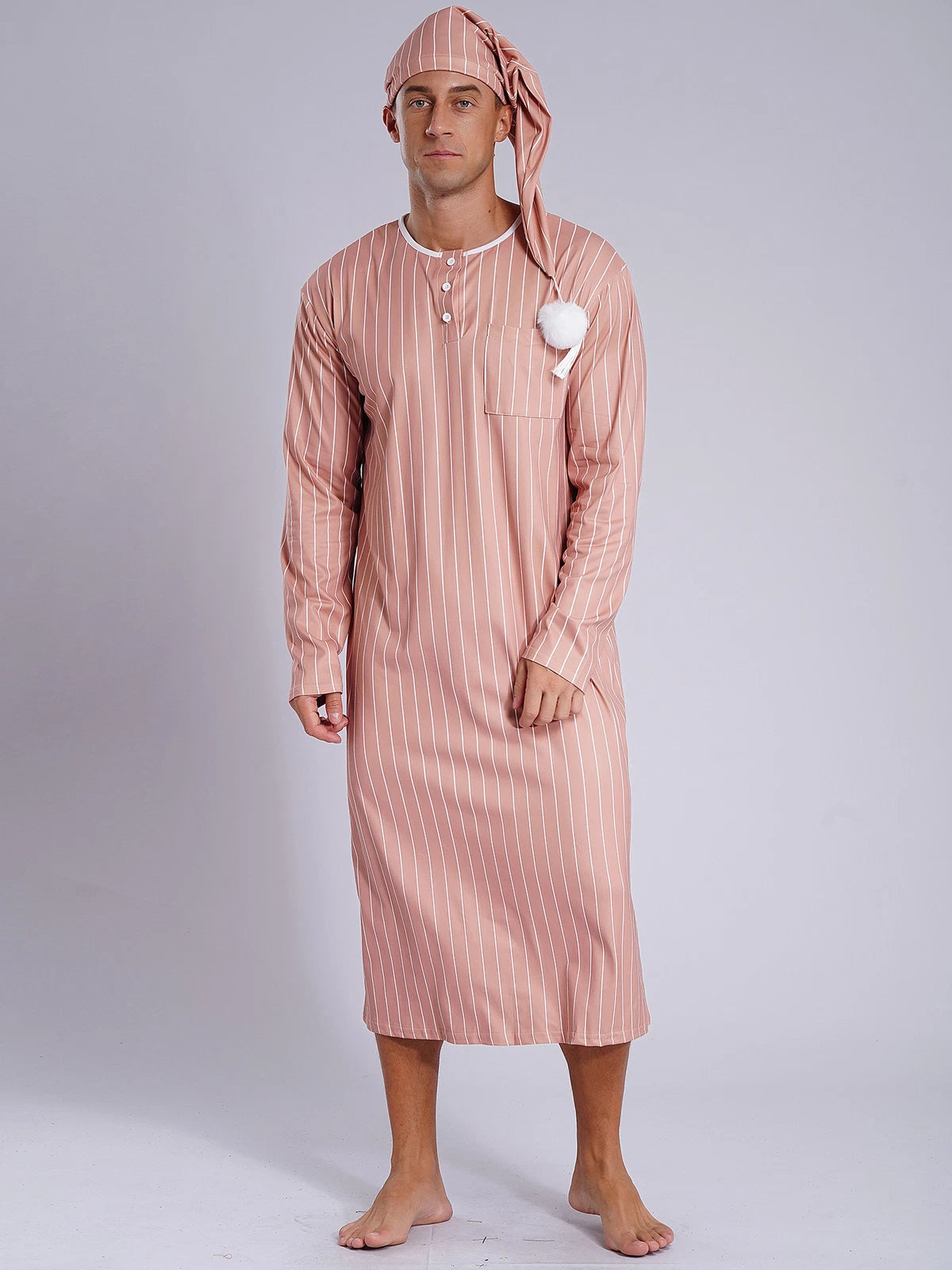 Men's Sissy Nightwear Loose Striped Robe Long Sleeve Nightshirt Cap Pajama Sets