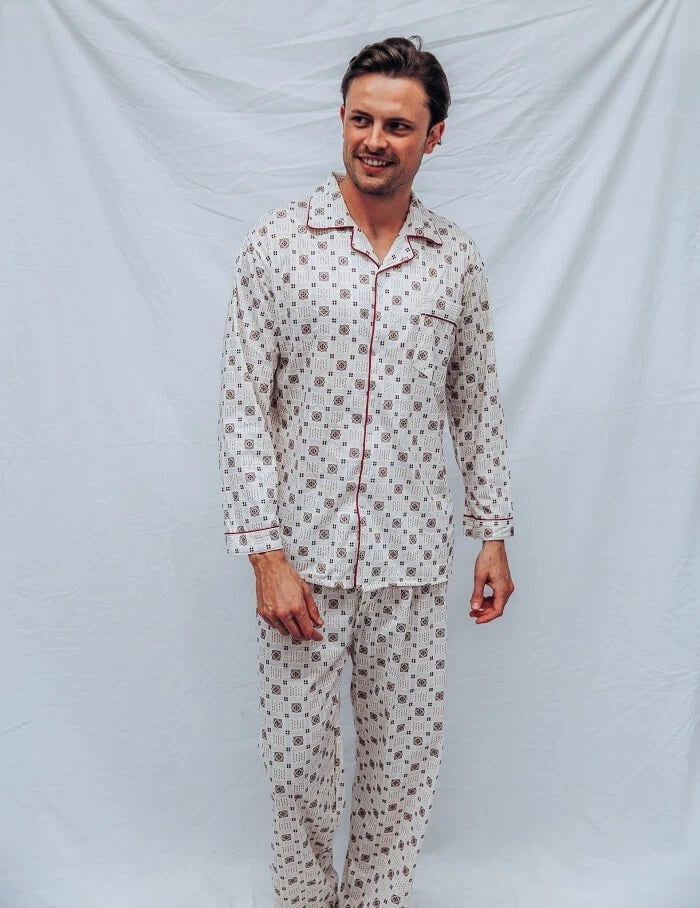 Mens Brown Checks Long Sleeve Lightweight Cotton Long Pjs Pyjama Set