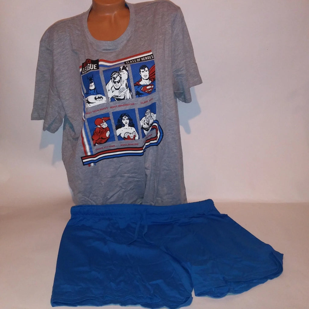 Justice League Pajama Set Top & Bottom Mens Blue Gray Graphic Tee Short Sleeve