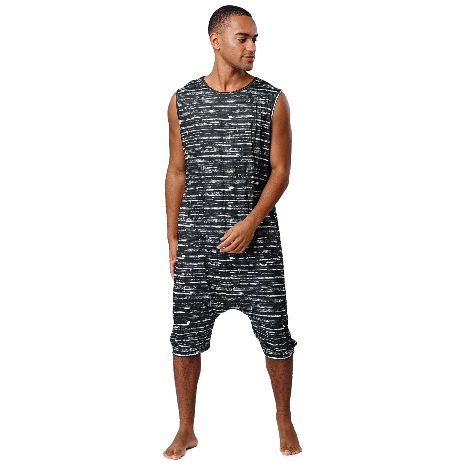 Men's Loose Romper Pajamas Jumpsuit Sleepwear Zipper Crotch One Piece Bodysuit