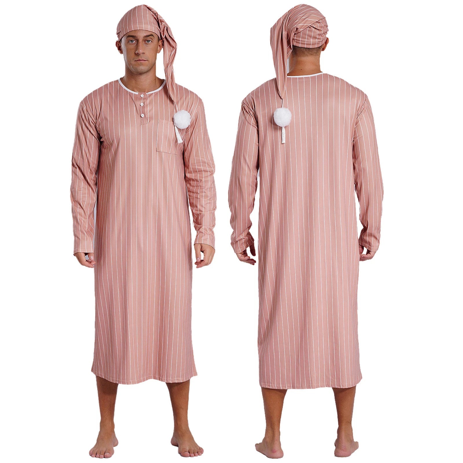 Men's Sissy Nightwear Loose Striped Robe Long Sleeve Nightshirt Cap Pajama Sets