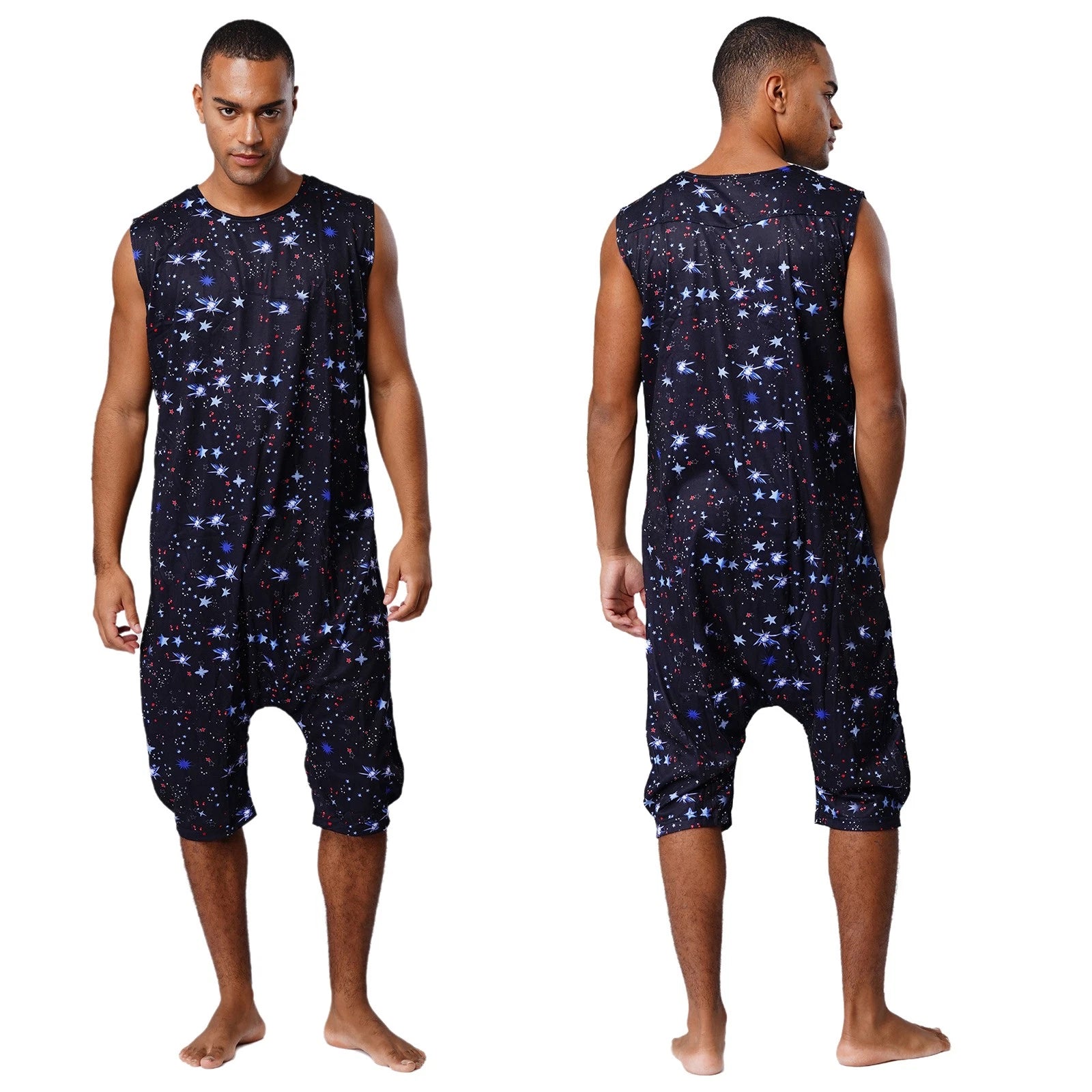 Men's Loose Romper Pajamas Jumpsuit Sleepwear Zipper Crotch One Piece Bodysuit