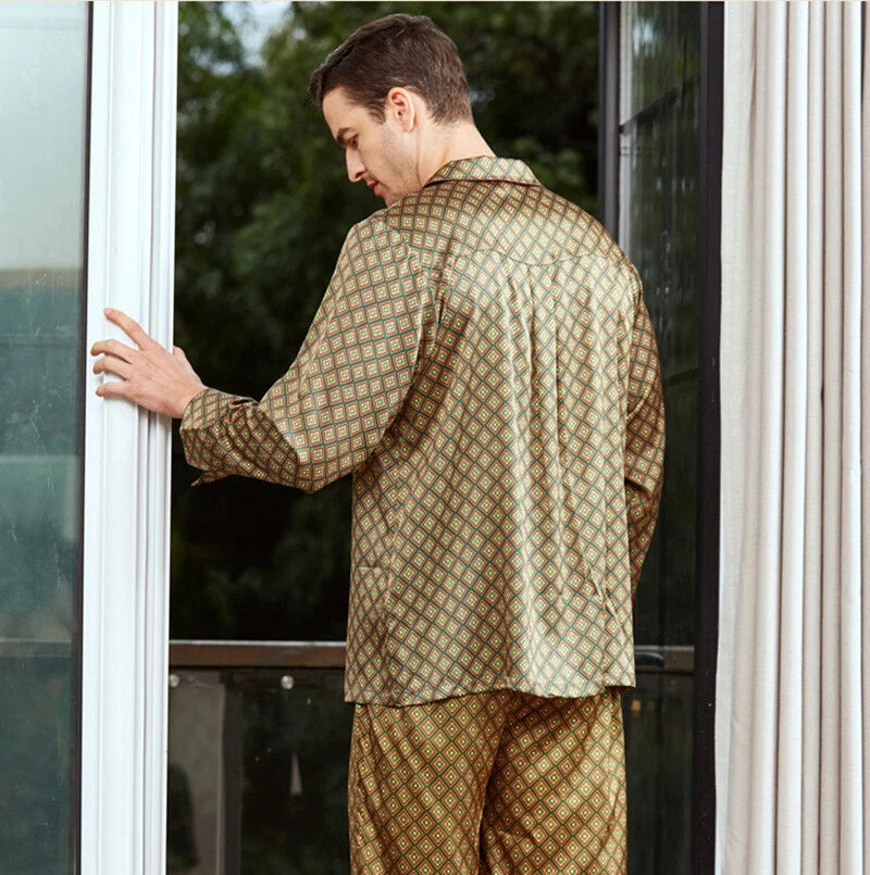 Men's 19MM Mulberry Silk Pajamas Set Print Silk Sleepwear S M L XL