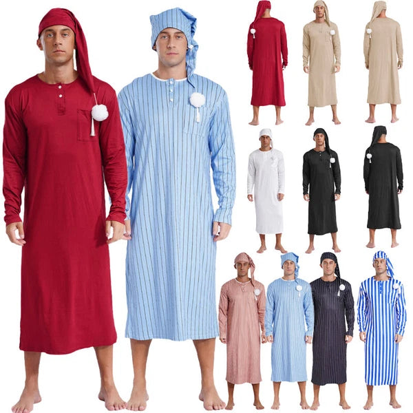 Men's Sissy Nightwear Loose Striped Robe Long Sleeve Nightshirt Cap Pajama Sets