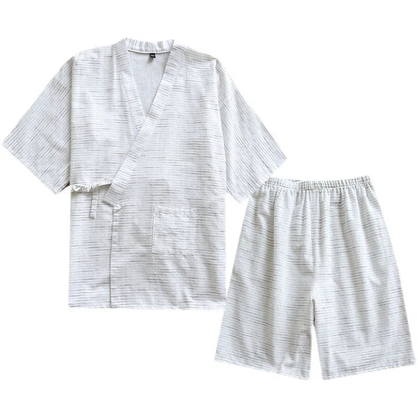 Japanese Pajamas Set Men Cotton Striped / Sleeve Kimono Top Shorts Sleepwear