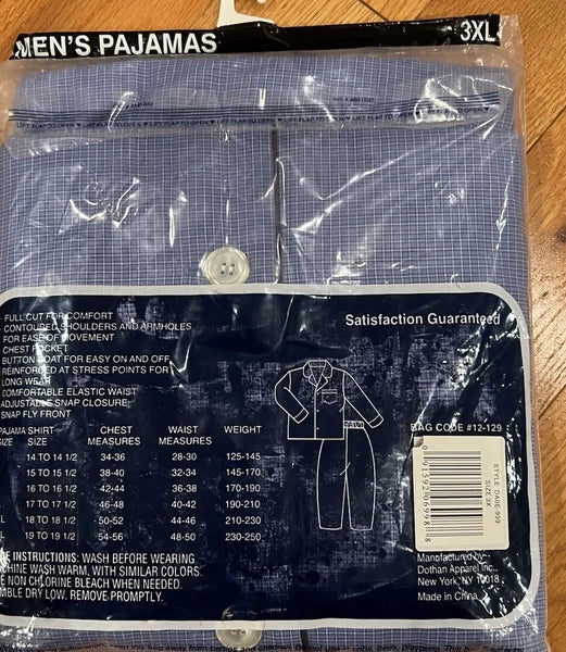 Puritan Men's Pajamas 3X New Old Stock Blue Plaid Long Sleeve Long Leg