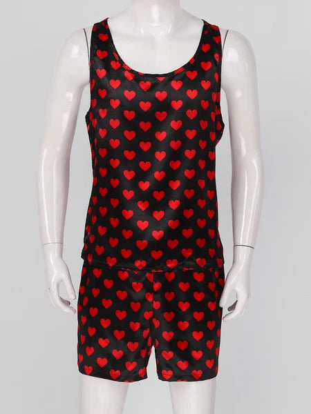 Mens Satin Pajamas Set Lounge Shorts Tank Top Silk Shirt Sleepwear Nightwear