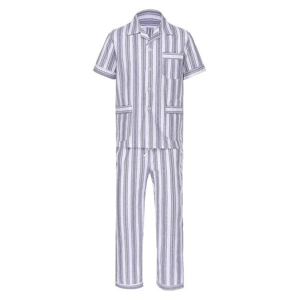 Mens Pajama Set Button Down Sleepwear Shirt Homewear Striped Nightgown Pockets