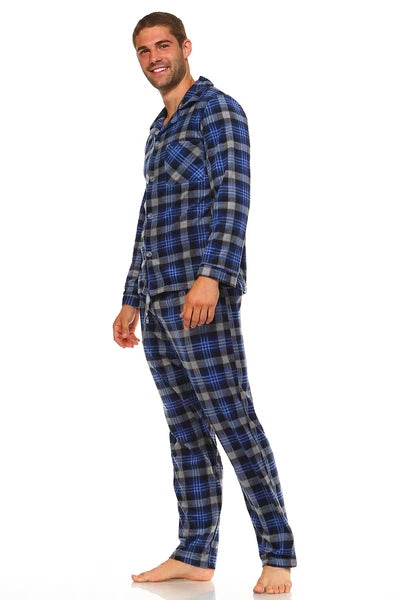 Men's Long Sleeve Pajama Lounge Set Comfortable PJ's Soft Fleece Plaid Sleepwear