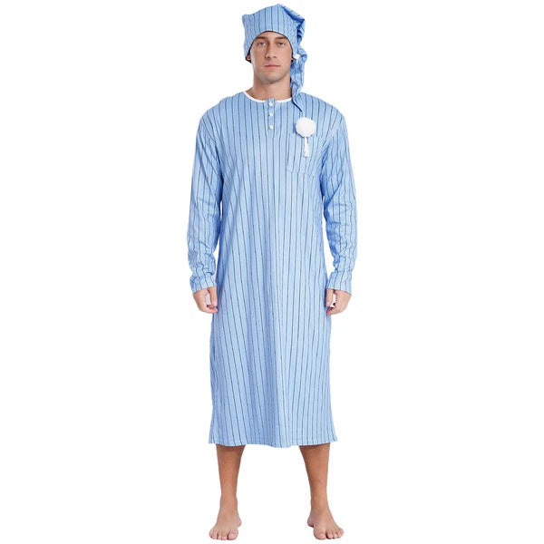 Men's Sissy Nightwear Loose Striped Robe Long Sleeve Nightshirt Cap Pajama Sets