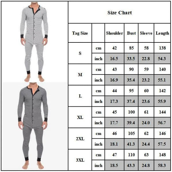 Men Striped One piece Jumpsuits Nightwear 1onesie Pyjamas Long Sleeve Pajamas